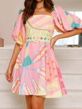 Colorful Print Belted Mini Dress with Puff Sleeves - Trendsi - Flyclothing LLC