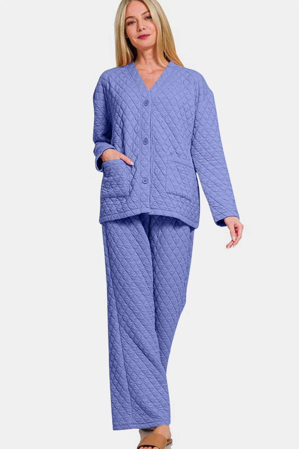 Zenana Quilted Button Up Long Sleeve Top and Pants Lounge Set - Trendsi - Flyclothing LLC