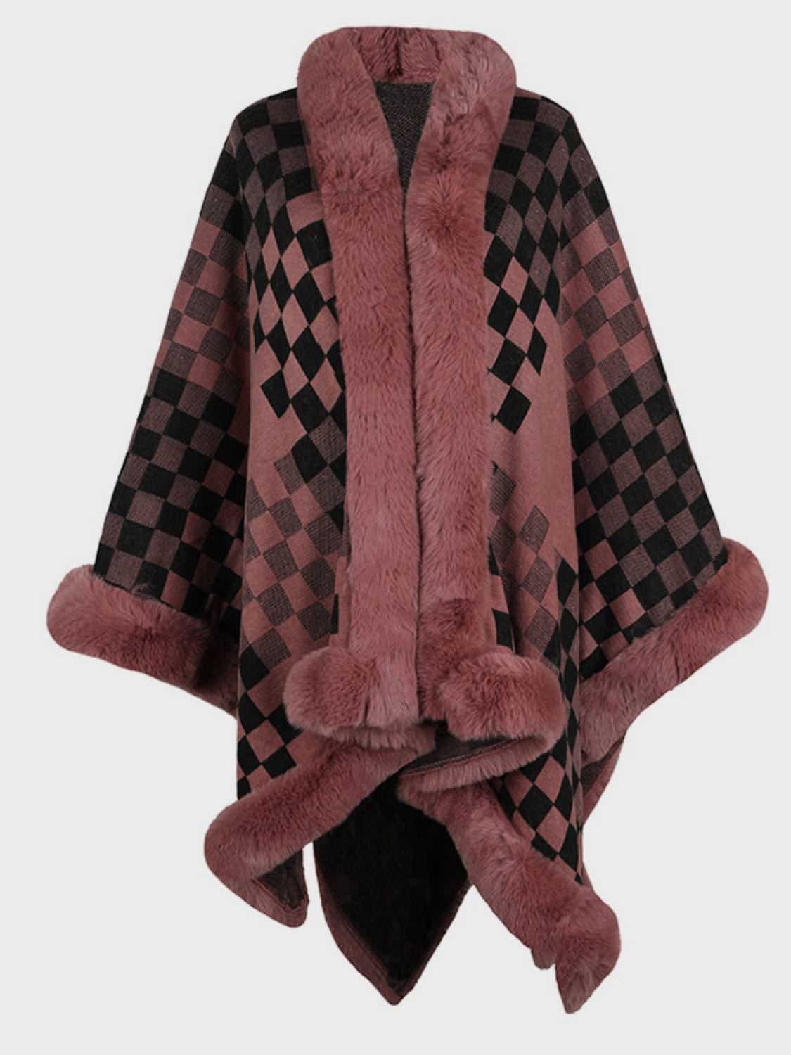 Fuzzy Checkered Long Sleeve Poncho - Trendsi