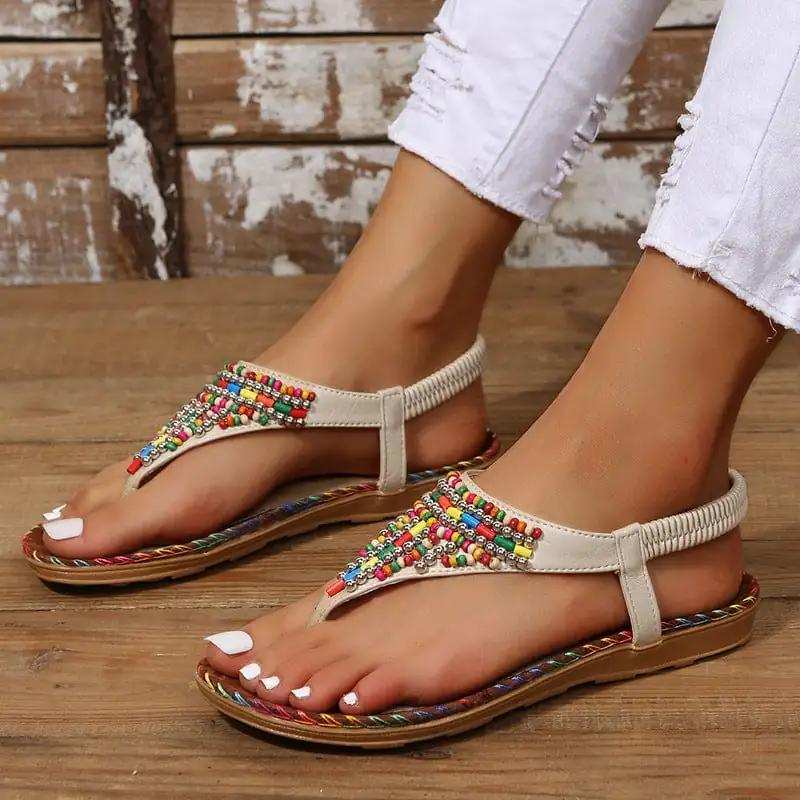 PU Leather Beaded Flat Sandals - Trendsi - Flyclothing LLC