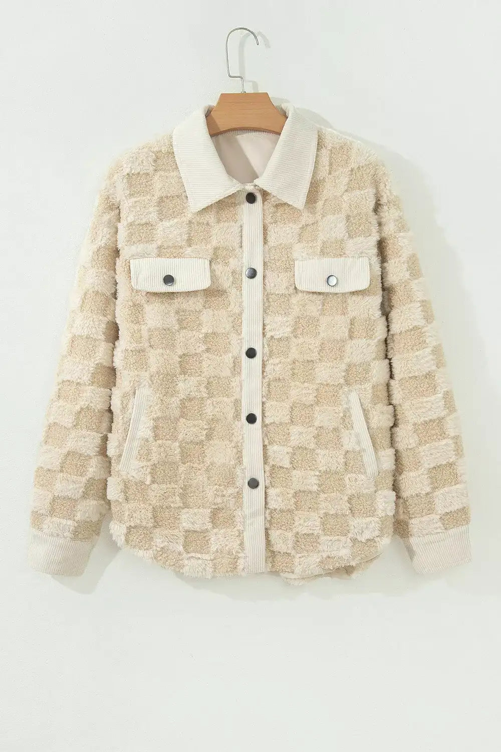 Plush Checkered Corduroy Trim Metal Button Long Sleeve Shift Silhouette Shacket - Trendsi - Flyclothing LLC