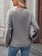 Striped Notched Long Sleeve T-Shirt - Trendsi - Flyclothing LLC