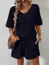 V-Neck Half Sleeve Top and Shorts Set - Trendsi - Flyclothing LLC