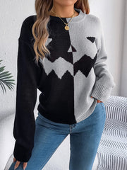 Contrast Round Neck Long Sleeve Sweater - Trendsi