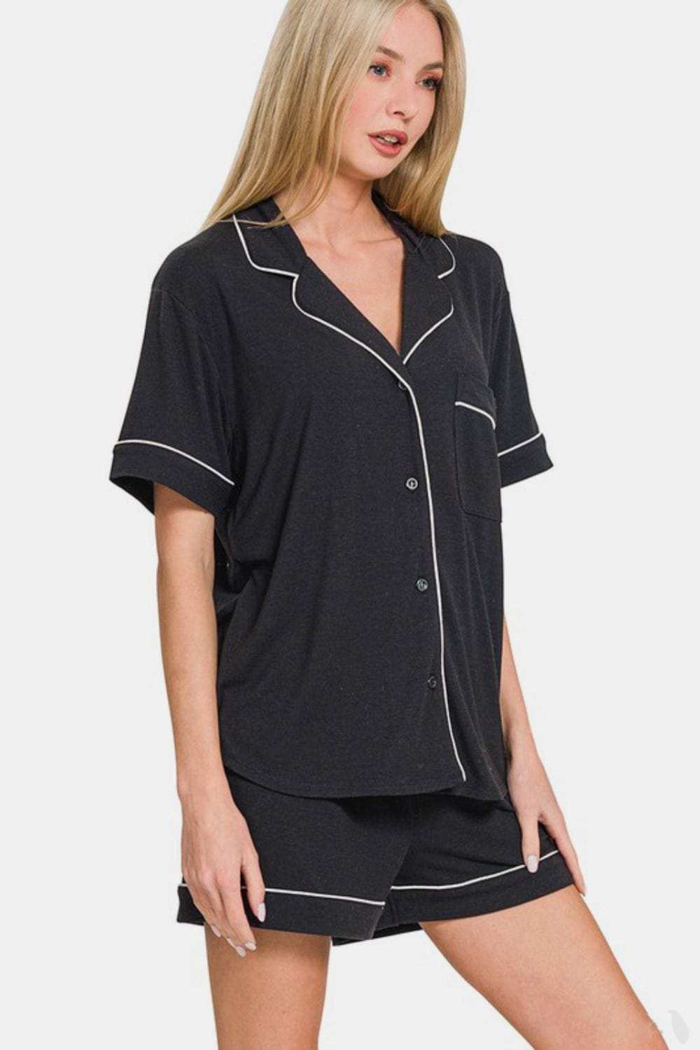 Zenana Button Down Short Sleeve Top and Shorts Lounge Set - Trendsi - Flyclothing LLC