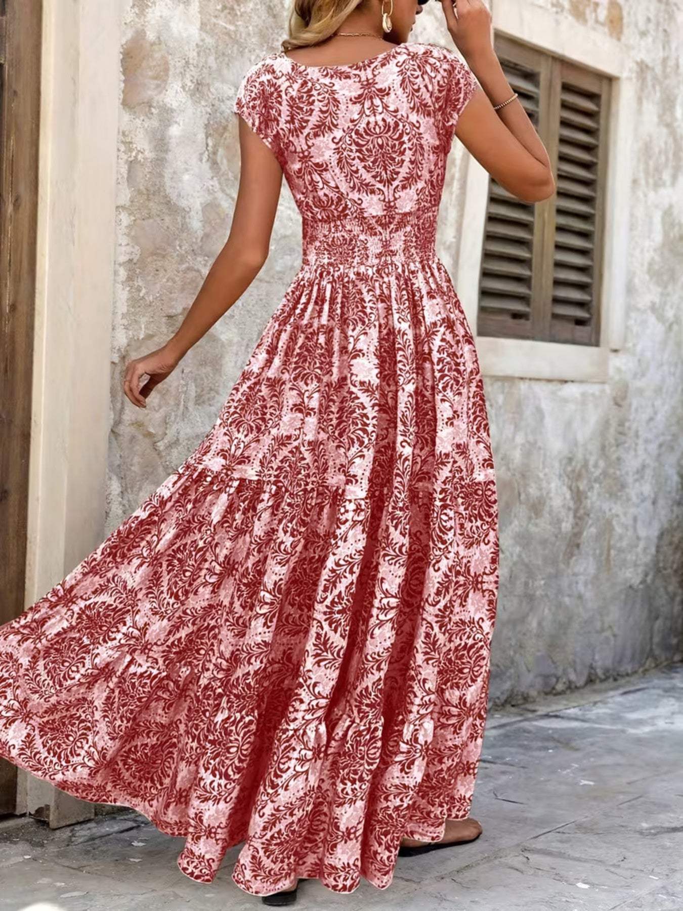 Printed Cap Sleeve Maxi Dress - Trendsi - Flyclothing LLC