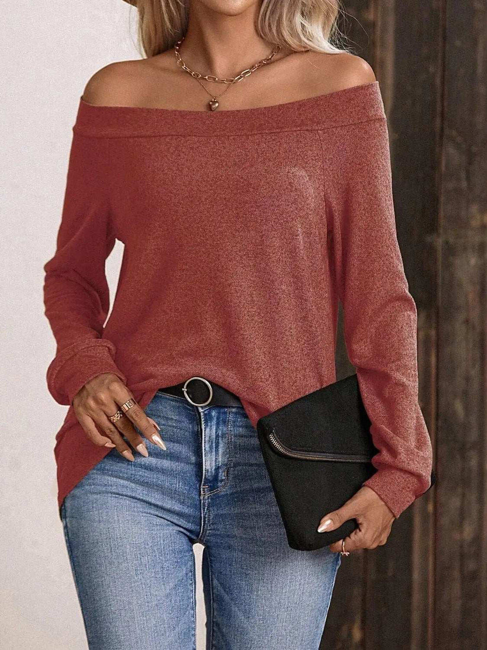 Off-Shoulder Long Sleeve T-Shirt - Trendsi - Flyclothing LLC