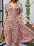 Printed V-Neck Short Sleeve Dress - Trendsi