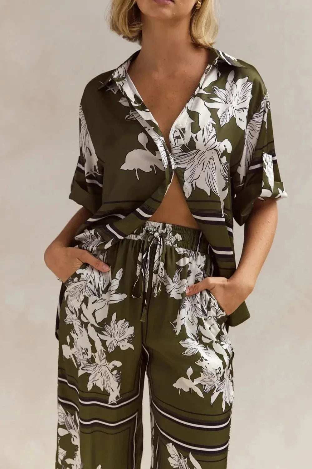 Printed Button Up Shirt and Pants Set - Trendsi - Flyclothing LLC