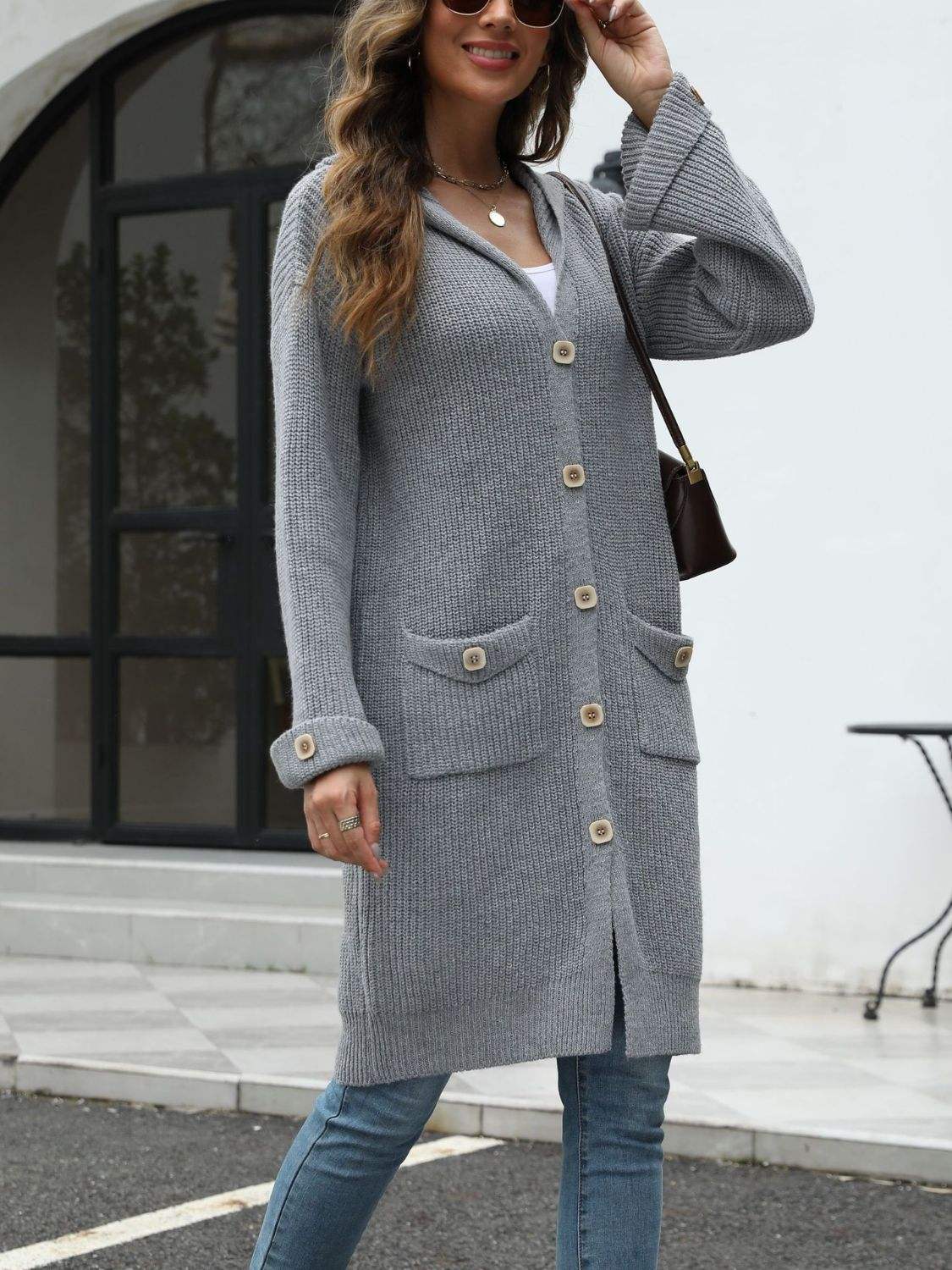 Pocketed Button Up Long Sleeve Hooded Cardigan - Trendsi - Flyclothing LLC