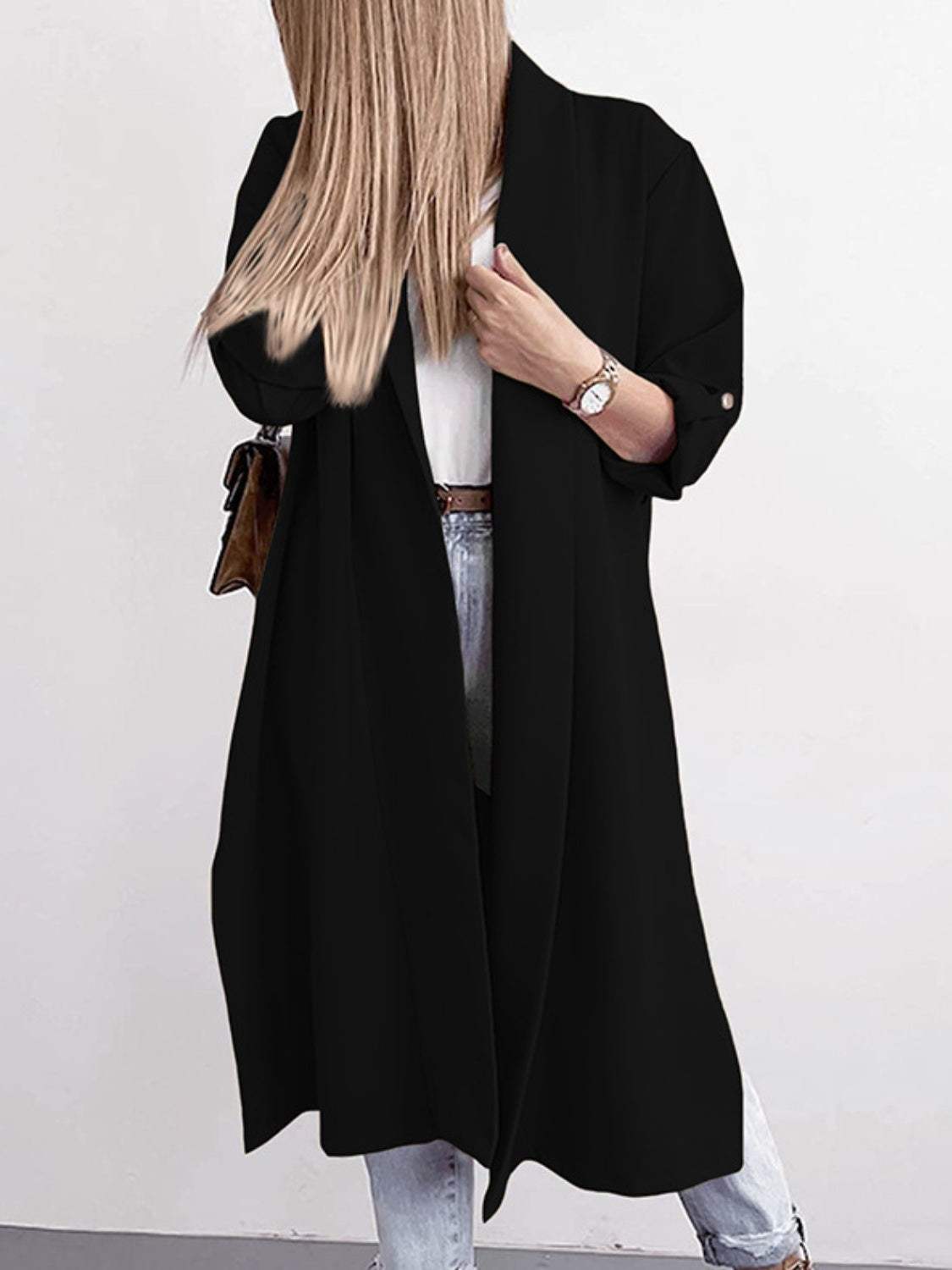 Slit Open Front Roll-Tab Sleeve Trench Coat - Trendsi - Flyclothing LLC