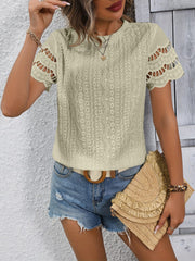 Full Size Eyelet Round Neck Short Sleeve Top - Trendsi