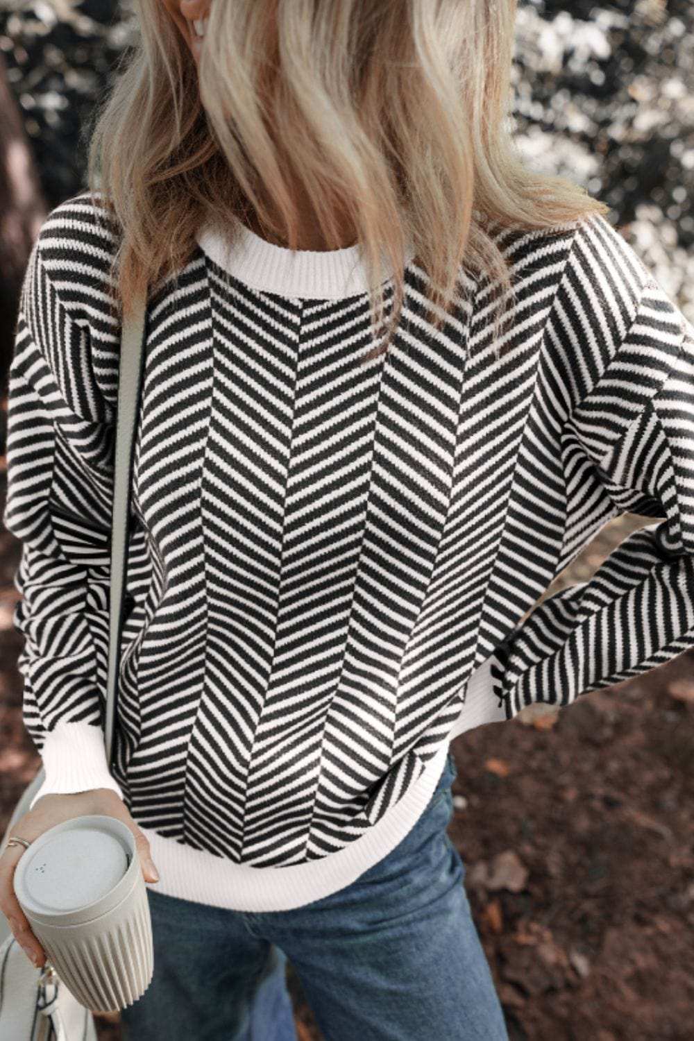 Striped Round Neck Long Sleeve Sweater - Trendsi - Flyclothing LLC