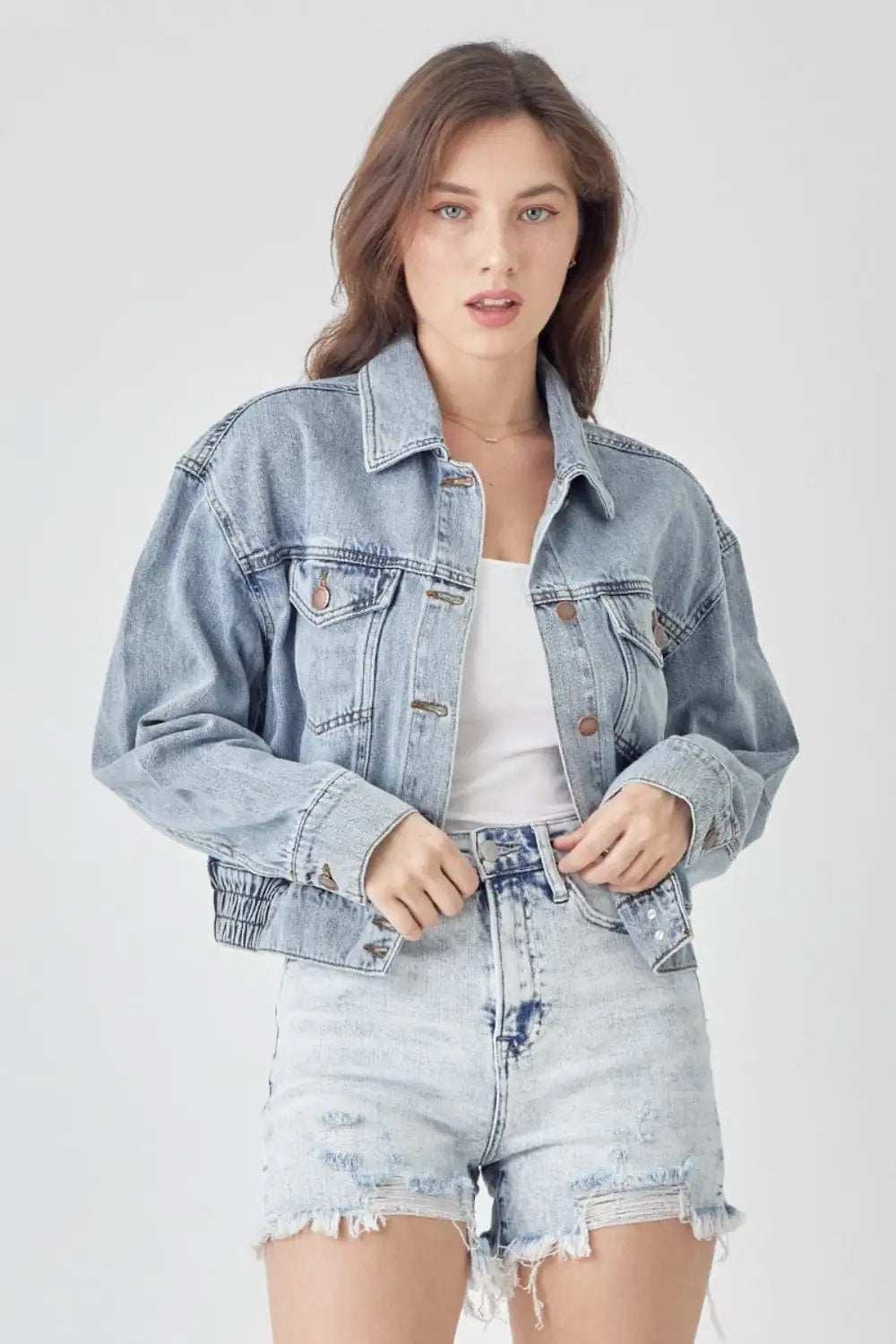 RISEN Full Size Button Down Cropped Denim Jacket - Trendsi - Flyclothing LLC