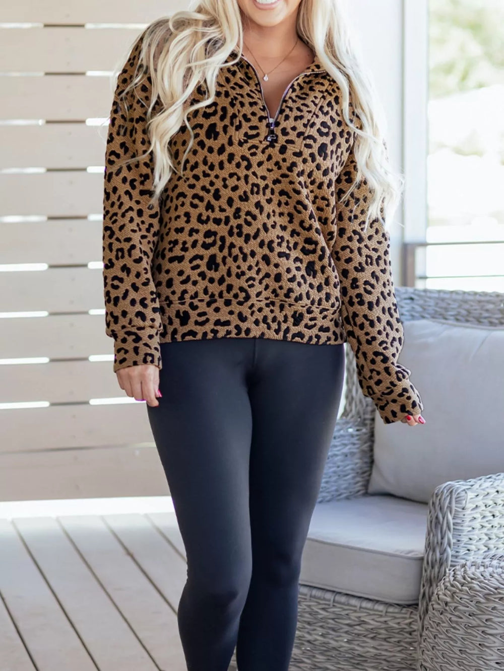 Leopard Print Quarter Zip Sweatshirt - Trendsi - Flyclothing LLC