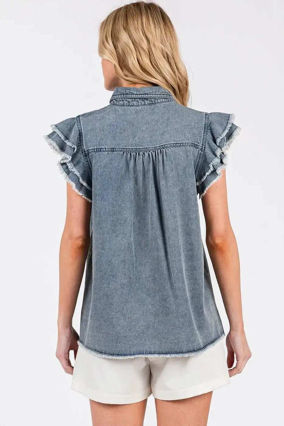 Mittoshop Washed Denim Ruffle Short Sleeve Collared Shirt - Trendsi - Flyclothing LLC