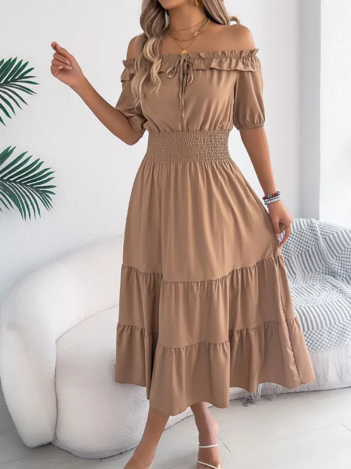 Smocked Off-Shoulder Tiered Dress - Trendsi - Flyclothing LLC