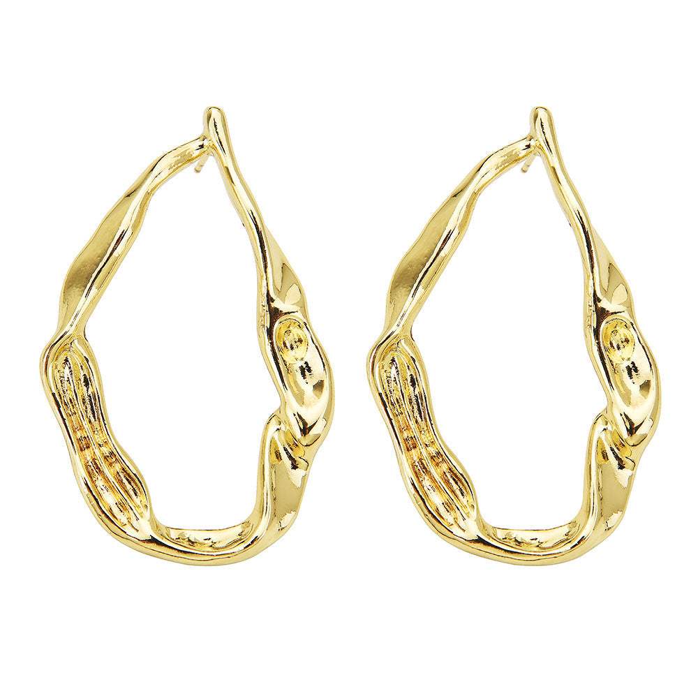 Organic Irregular Water Drop Hoop Earrings, Hammered Liquid Texture Gold Open Hoops, Minimal Quiet Luxury Women Jewelry For Europe Spain - My Store - Flyclothing LLC