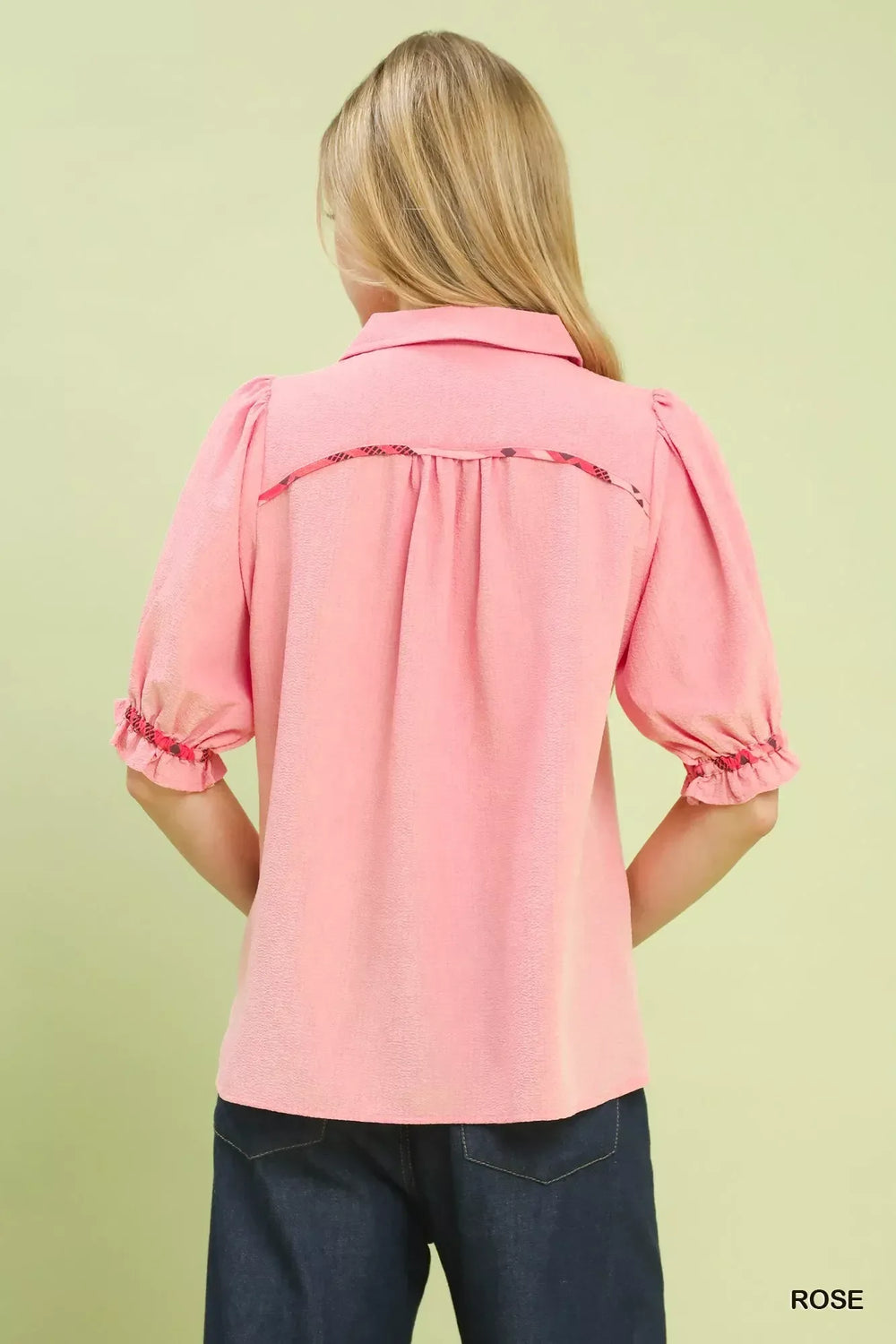 Umgee Scalloped Trim Blouse with Puff Sleeves - Trendsi - Flyclothing LLC
