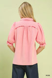 Umgee Scalloped Trim Blouse with Puff Sleeves - Trendsi - Flyclothing LLC