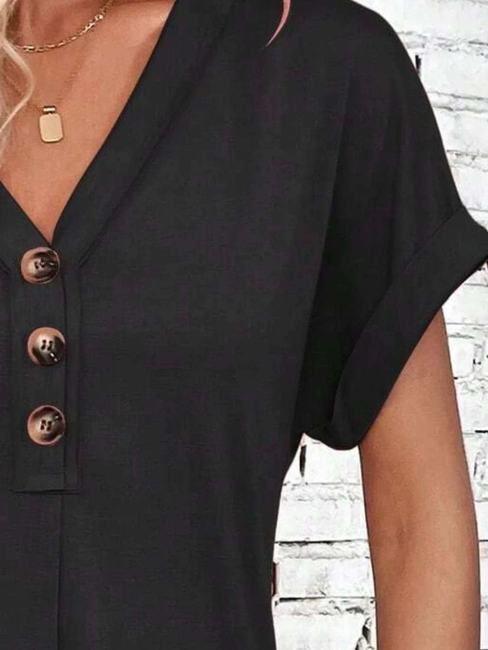 Quarter Button V-Neck Short Sleeve Dress - Trendsi - Flyclothing LLC