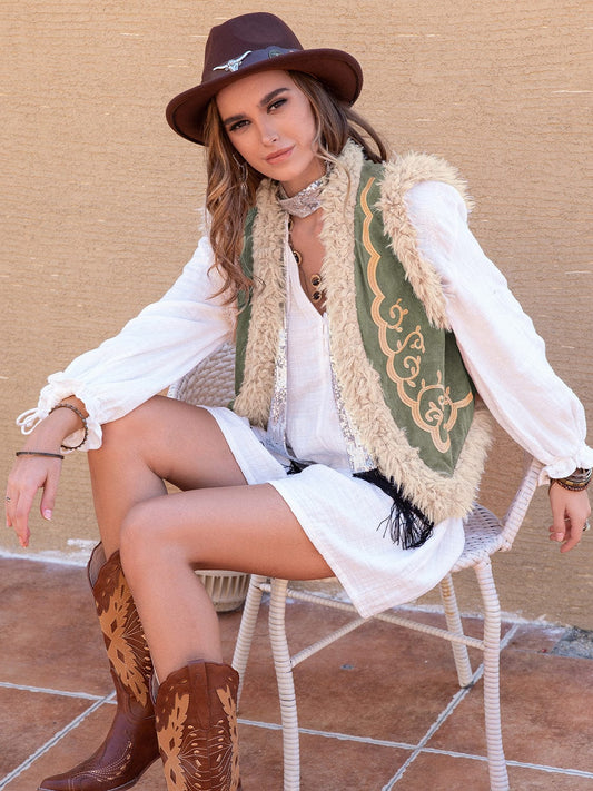 Fuzzy Trim Open Front Vest Coat - Trendsi