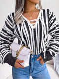 Striped Lace-Up Long Sleeve Sweater - Trendsi - Flyclothing LLC