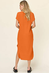 Double Take Full Size Round Neck Short Sleeve Slit Dress - Trendsi - Flyclothing LLC