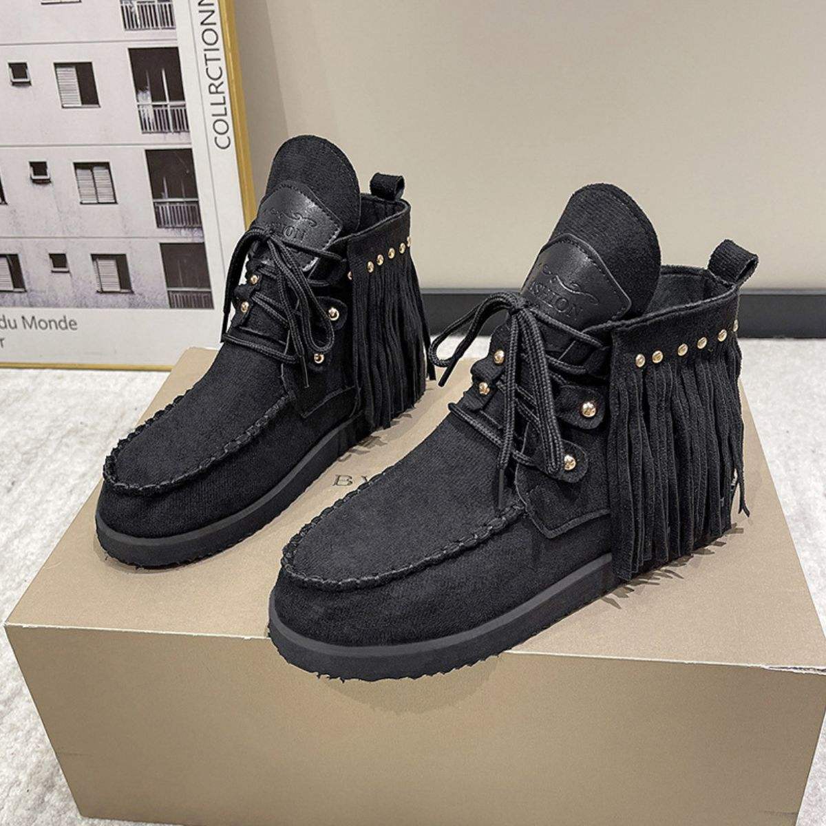 Fringe Studded Round Toe Canvas Boots - Trendsi - Flyclothing LLC
