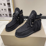 Fringe Studded Round Toe Canvas Boots - Trendsi - Flyclothing LLC