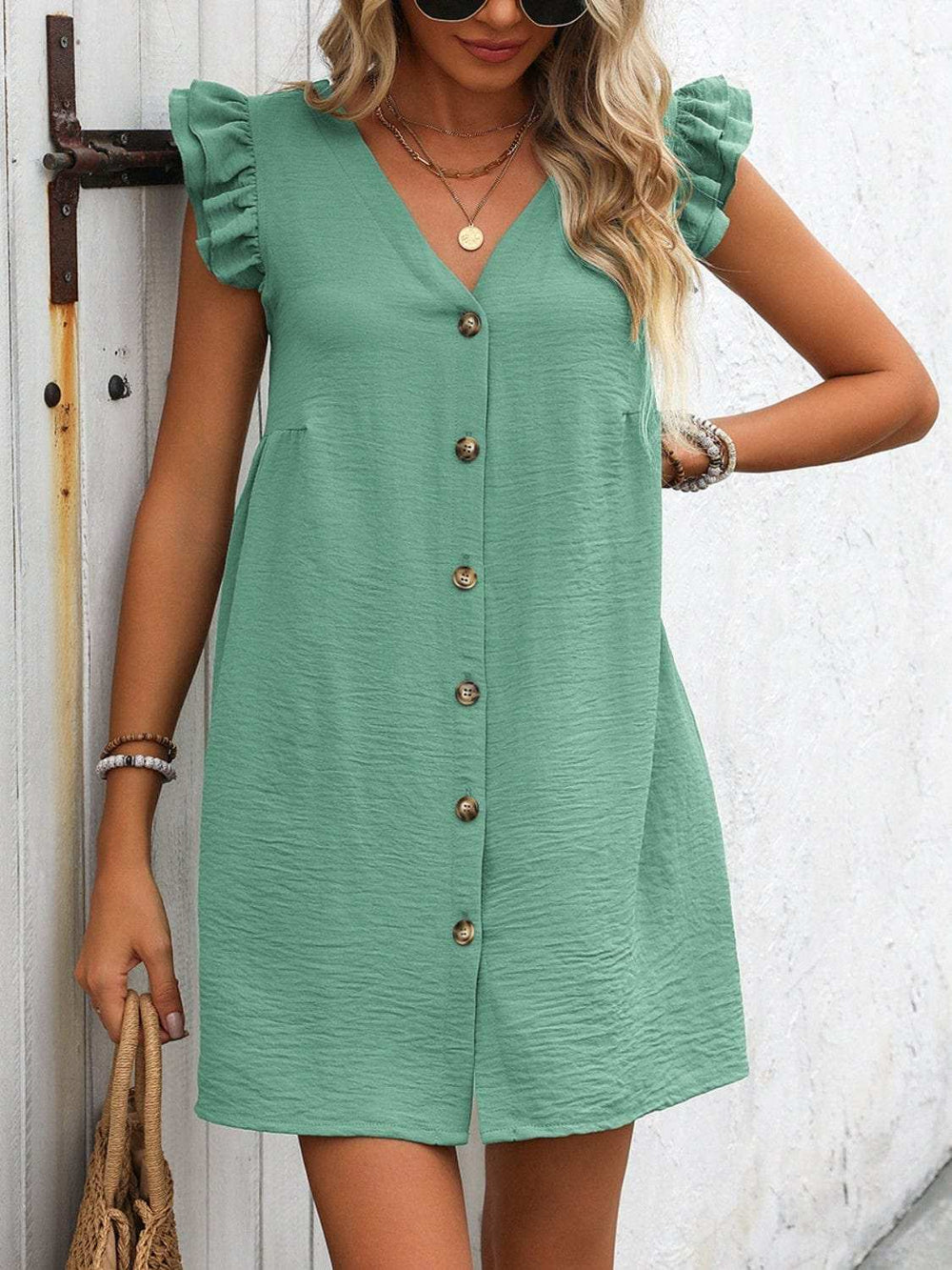 Button Up V-Neck Cap Sleeve Mini Dress - Trendsi - Flyclothing LLC