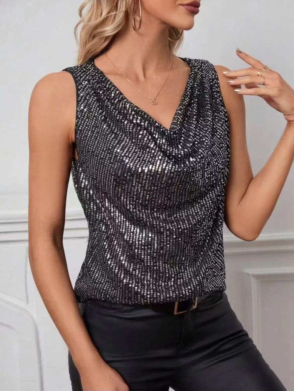 Sequin Cowl Neck Tank - Trendsi - Flyclothing LLC