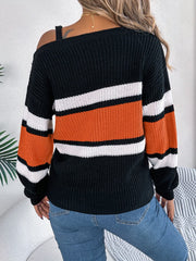 Color Block Asymmetrical Neck Long Sleeve Sweater - Trendsi
