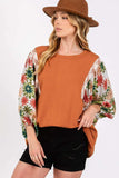 SAGE + FIG Full Size Printed Balloon Sleeve Contrast Top - Trendsi - Flyclothing LLC