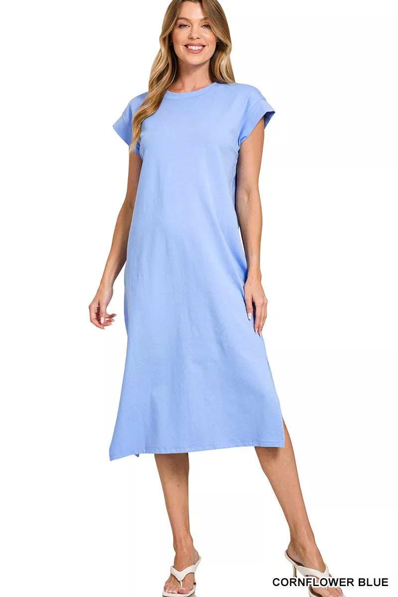 Zenana Round Neck Side Slit Midi Dress - Trendsi - Flyclothing LLC