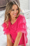 BiBi Ruffle Mesh Lace Layered Short Sleeve Top - Trendsi - Flyclothing LLC