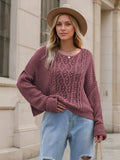 Round Neck Dropped Shoulder Long Sleeve Sweater - Trendsi - Flyclothing LLC