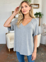 Basic Bae Full Size Bamboo Slit V-Neck Short Sleeve T-Shirt - ShopBasicbae - Flyclothing LLC