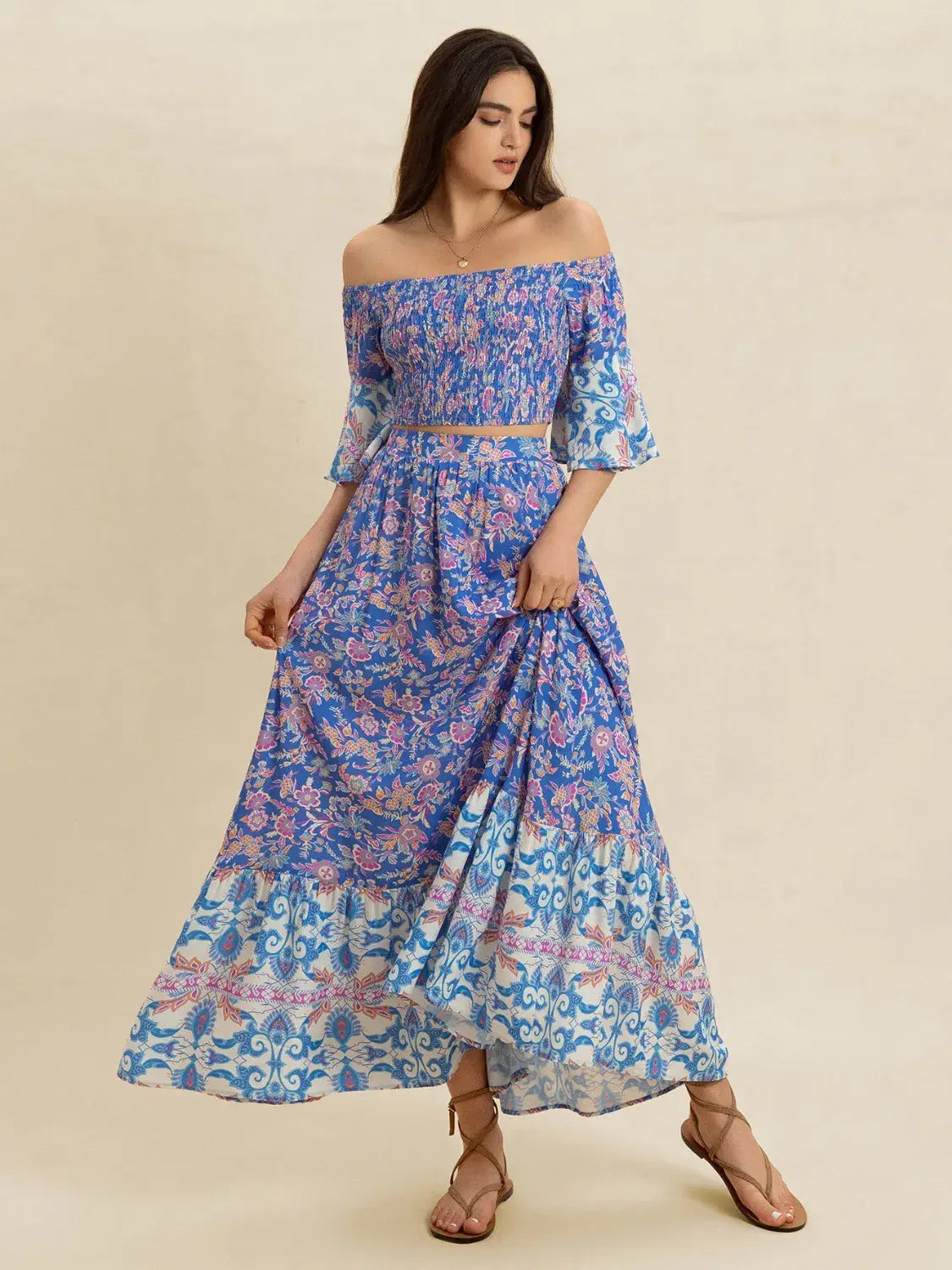 Smocked Off-Shoulder Printed Top and Skirt Set - Trendsi - Flyclothing LLC