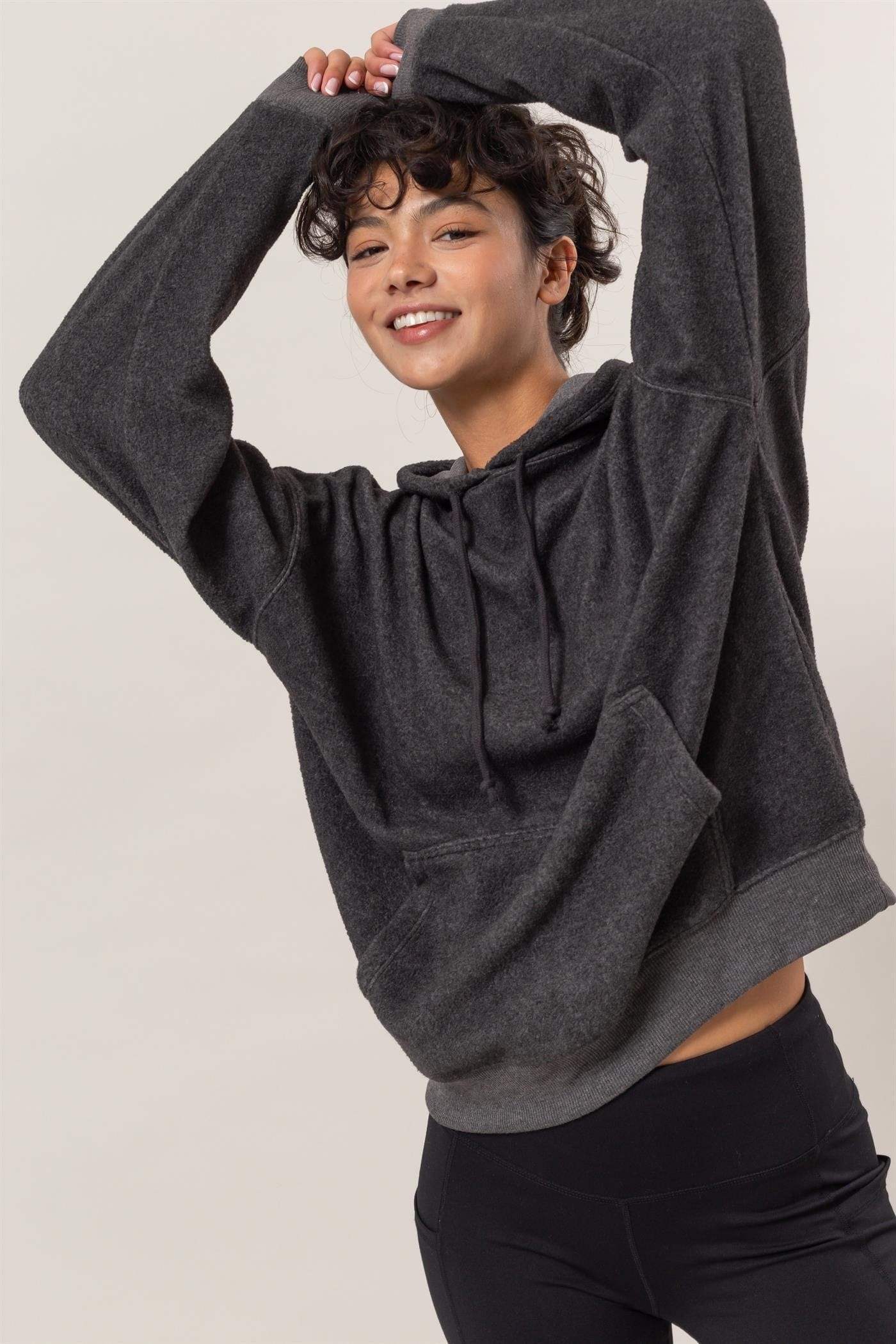 HYFVE Brushed Long Sleeve Hoodie with Kangaroo Pocket - Trendsi - Flyclothing LLC