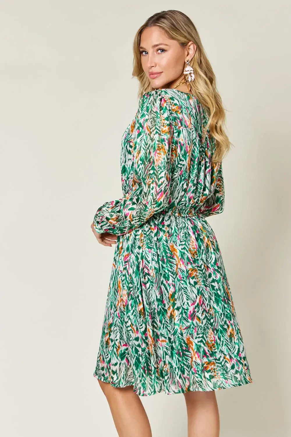 Double Take Full Size Printed Drawstring Waist Long Sleeve Dress - Trendsi - Flyclothing LLC