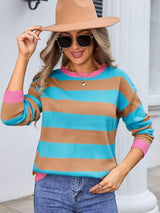 Striped Round Neck Dropped Shoulder Sweater - Trendsi - Flyclothing LLC