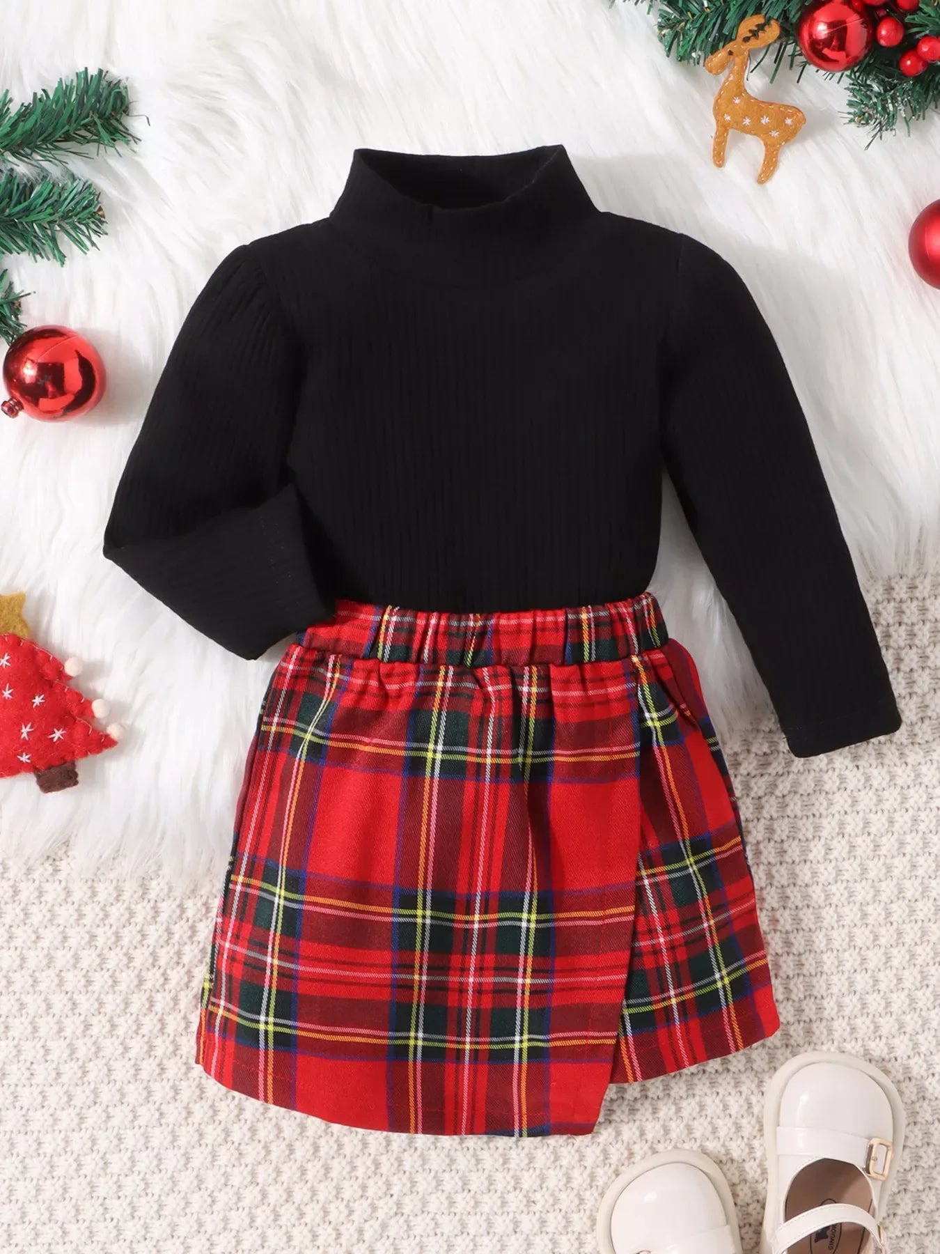 Children's Ribbed Knit Top & Plaid Skirt Set - Trendsi - Flyclothing LLC