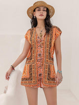 Printed V-Neck Cap Sleeve Romper - Trendsi - Flyclothing LLC