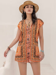 Printed V-Neck Cap Sleeve Romper - Trendsi