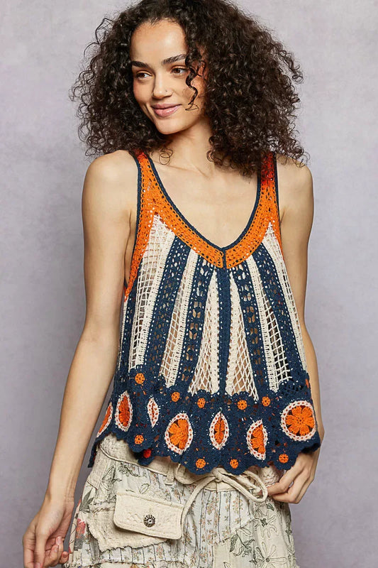 POL Openwork Stripe Pattern Flowy Tank with Scalloped Edge - Trendsi - Flyclothing LLC