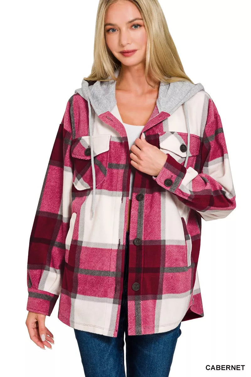 Zenana Plaid Drawstring Hooded Fleece Shacket - Trendsi - Flyclothing LLC