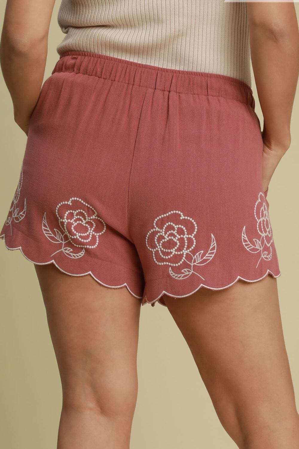 Umgee Full Size Linen Blend Shorts with Floral Embroidered Details Plus Size - Trendsi - Flyclothing LLC