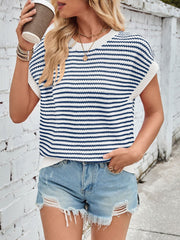 Lovelet Striped Round Neck Cap Sleeve Sweater - Trendsi