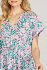 She + Sky Full Size Ruffled Hem Printed Surplice Kimono Sleeve Mini Dress Plus Size - Trendsi - Flyclothing LLC